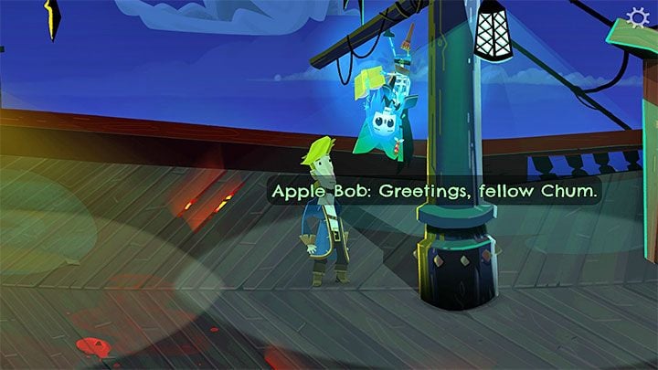 Apple Bob - he is found on the main deck of LeChuck's Ship - Return to Monkey Island: Bella Fishers Golden Key - walkthrough, solution - Part 4 - Things Get Complicated - Return to Monkey Island Walkthrough