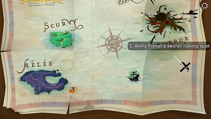 An X sign will appear on the map of the archipelago, which marks the location of the Bella Fisher's fishing spot - Return to Monkey Island: Bella Fishers Golden Key - walkthrough, solution - Part 4 - Things Get Complicated - Return to Monkey Island Walkthrough