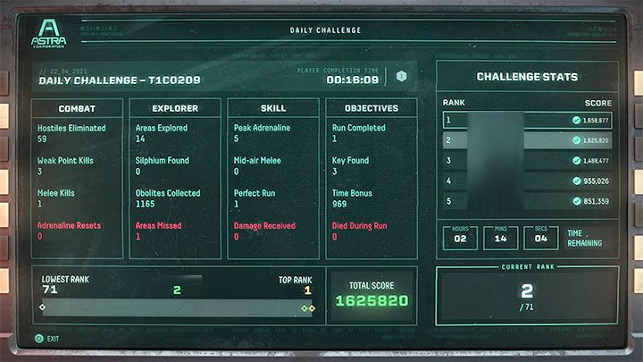 After completing the daily challenge, the game will summarize your actions – you will see your position on the leaderboard - Returnal: Challenge terminal - daily challenges - Basics - Returnal - game guide