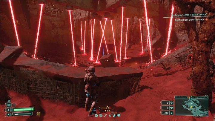 The Crimson Wates are filled with all kinds of laser traps, which are often impossible to avoid - Return: Crimson Wastes - biome - Biomes - Returnal Guide