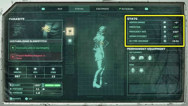 The current main statistics of Selene can be checked in the Status window in the pause menu - Returnal: Character development and stats - Basics - Returnal Guide