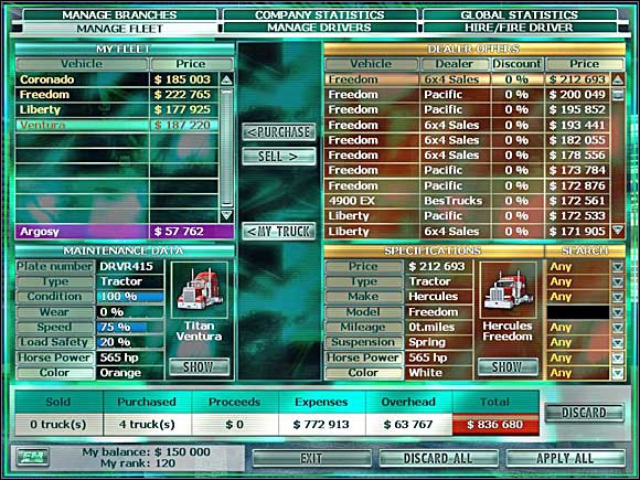 Truck buying screen. - Hints - managing your firm - RignRoll - Game Guide and Walkthrough