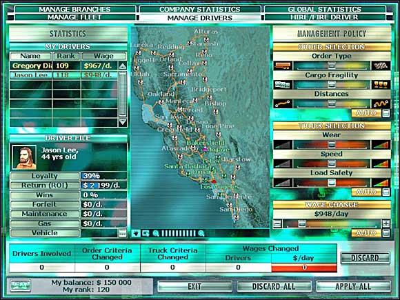 On this screen you can administrate the work of your hired drivers. - Hints - managing your firm - RignRoll - Game Guide and Walkthrough