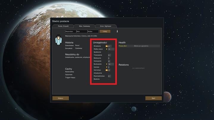While picking colonists, the most important are their skills - number of flames by a given skill determines predispositions of a given character, how fast they work and how fast they will gain specialization points - Colonists creation - Key information - RimWorld Game Guide