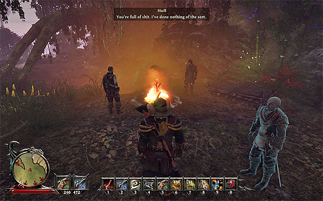 Fletcher and Hull are standing next to the campfire - Paths to the Afterlife - Side Quests - Fog Island - Risen 3: Titan Lords - Game Guide and Walkthrough