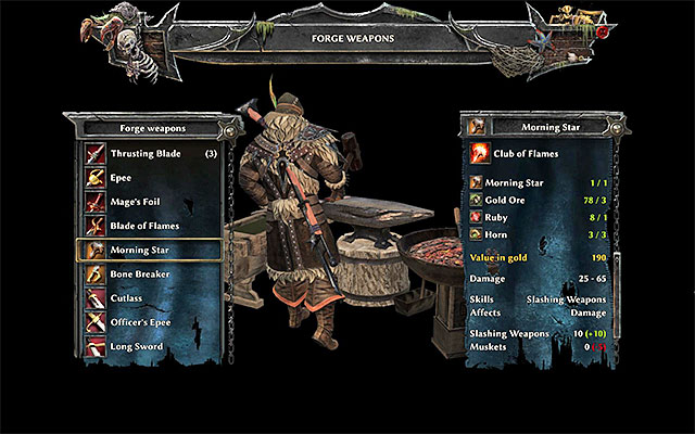 Melee weapons forging window - Crafting - Risen 3: Titan Lords - Game Guide and Walkthrough