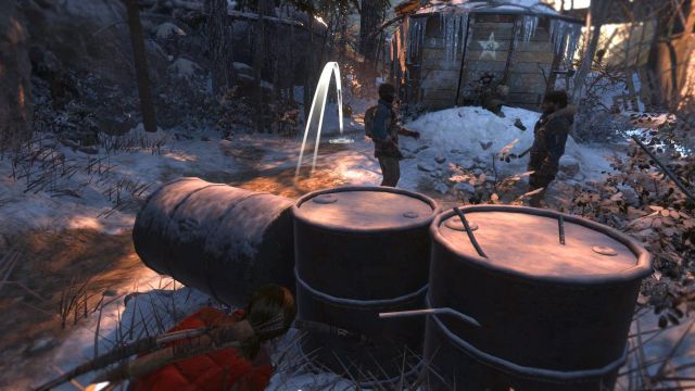 Then, hide behind the oil drums and pick up one of the bottles around - Rise of the Tomb Raider: Sneak into the old Soviet base, walkthrough - Among the Enemy - Rise of the Tomb Raider Guide