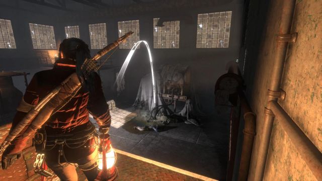 Over the scaffolding, you can get to the upper level of the hangar - Rise of the Tomb Raider: Find a way into the old prison, walkthrough - Among the Enemy - Rise of the Tomb Raider Guide