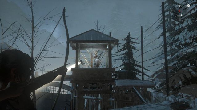 After you shoot down the guard on the palisade, take a few steps to the right and climb onto the roof of the shack - Rise of the Tomb Raider: Search the Command Center, walkthrough - The Way Out - Rise of the Tomb Raider Guide