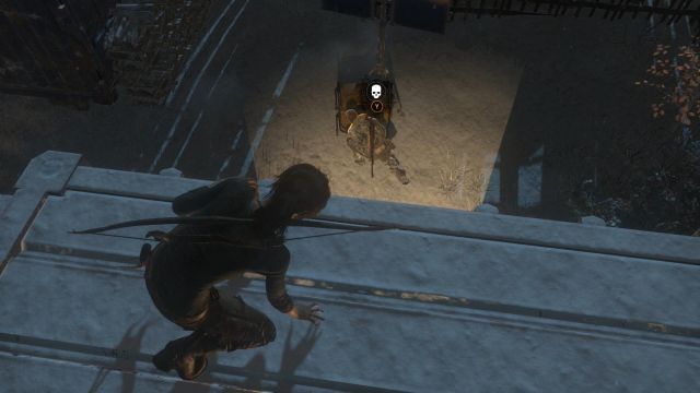 Walk over to the edge of the roof and jump down onto the soldier below by pressing the Y button - Rise of the Tomb Raider: Search the Command Center, walkthrough - The Way Out - Rise of the Tomb Raider Guide