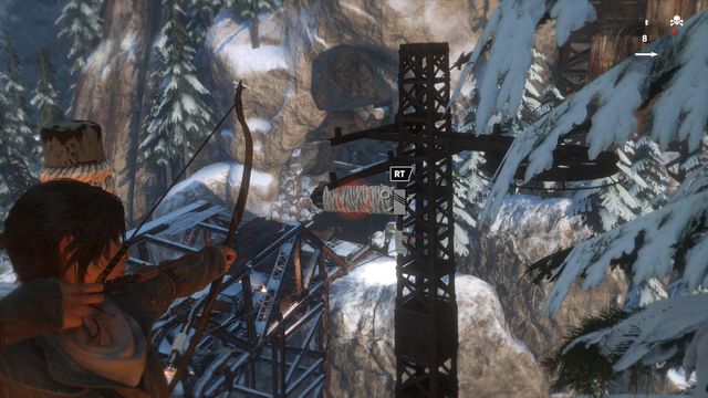 Shoot an arrow towards the bundle that you can see and zip down the line - Rise of the Tomb Raider: Regroup with Jacob, walkthrough - Alone Again - Rise of the Tomb Raider Guide