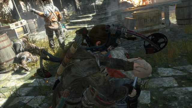 After you reach the first yard, Trinity mercenaries should be standing in a way that allows for silent takedowns - Rise of the Tomb Raider: Infiltrate the ruins and find Sofia, walkthrough - To the Tower - Rise of the Tomb Raider Guide
