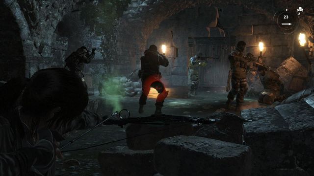 In the room where the mercenaries keep Sofia and the rest of the remnants, lean out and aim the bow at the soldier facing away from you - Rise of the Tomb Raider: Infiltrate the ruins and find Sofia, walkthrough - To the Tower - Rise of the Tomb Raider Guide