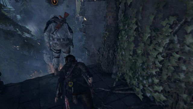Try to push into the void the opponent that is bending over - Rise of the Tomb Raider: Scale the Cathedral to find the entrance, walkthrough - Silent Night - Rise of the Tomb Raider Guide