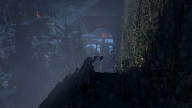 Use rope and hook to swing over to the projecting wall fragment shown in the screenshot - Rise of the Tomb Raider: Scale the Cathedral to find the entrance, walkthrough - Silent Night - Rise of the Tomb Raider Guide