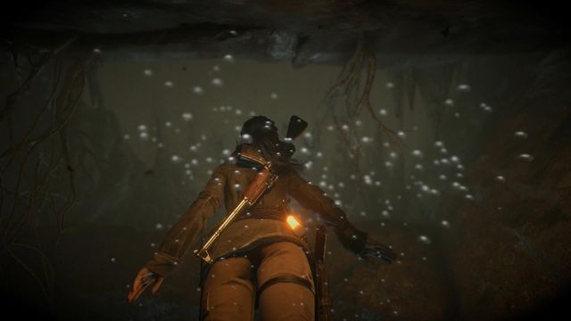 The last part of your escape requires you o stay underwater for quite long, but since you already have the rebreather, there should be no problems with that - Rise of the Tomb Raider: Return to the valley, walkthrough - Escape the Archive - Rise of the Tomb Raider Guide