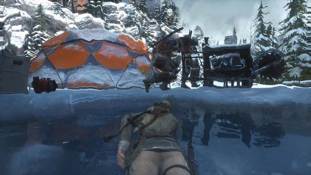 You will have to swim ahead, a bit, but do not come out of water, after you resurface - Rise of the Tomb Raider: Find your way to the Trinity base, walkthrough - Tracking Down Trinity - Rise of the Tomb Raider Guide
