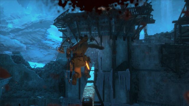 Shoot rope arrow towards any end of the horizontal beam, pull the rope and the beam will change its position - Rise of the Tomb Raider: Go to the other trebuchet, walkthrough - Gate Crasher - Rise of the Tomb Raider Guide