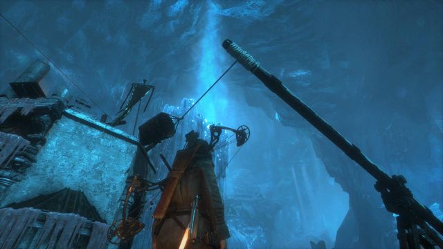Shoot the arrow at the tip of the balance beam - Rise of the Tomb Raider: Go to the other trebuchet, walkthrough - Gate Crasher - Rise of the Tomb Raider Guide