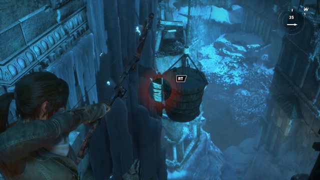 Again, walk over to the other side of the connected towers and shoot at the valve of the bucket, to make the arm of the balance beam get into the horizontal position - Rise of the Tomb Raider: Go to the other trebuchet, walkthrough - Gate Crasher - Rise of the Tomb Raider Guide