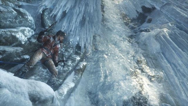 Once you regain control of Lara, go right, then jump on the icy fragment of the wall - Rise of the Tomb Raider: Get to the top of the mountain walkthrough - Siberian Wilderness - Passageway - Rise of the Tomb Raider Guide