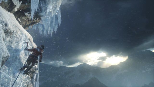 Perform another long jump right after another cutscene and quickly press the X button so that Lara will stick the axe into the ice wall on the other side - Rise of the Tomb Raider: Get to the top of the mountain walkthrough - Siberian Wilderness - Passageway - Rise of the Tomb Raider Guide