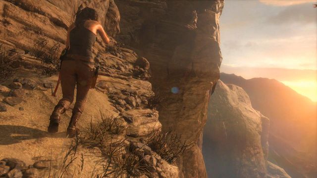 After the cutscene showing a chopper chasing Laras and her guides jeep, the heroin will fall down and land on a rock ledge - Rise of the Tomb Raider: Find the ruins among the cliffs walkthrough - Syria - Lost tomb - Rise of the Tomb Raider Guide