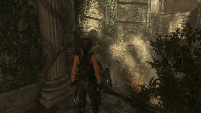 At the other side (the screenshot), climb onto the root and follow it slowly, in order to avoid water flowing out of the pipes - Rise of the Tomb Raider: Tomb - Baths of Kitezh 5/9, Geothermal Valley secrets - Geothermal Valley - Rise of the Tomb Raider Guide