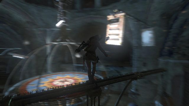 While on the turning beam that you have just dropped onto, you need to jump over onto the next turning element - seen in the screenshot - and climb onto another beam over it - Rise of the Tomb Raider: Open the entrance to Kitezh, walkthrough - Path of the Deathless - Rise of the Tomb Raider Guide