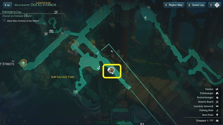 Fishing pole in Ruined King: A League of Legends Story can also simply be bought from the correct merchant - you'll find one of them in Bilgewater, at the location marked in the picture above - Ruined King: Fishing - Basics - Ruined King Guide