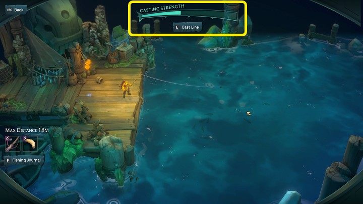 Once you arrive at the correct location, you'll be able to cast your rod and sink your bait into the water - Ruined King: Fishing - Basics - Ruined King Guide
