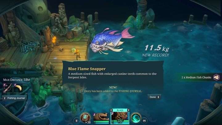 When the fish reaches the fishing spot, it will automatically be fished out of the water and information about the type of fish (or, in rare cases, treasure) you've managed to catch will be displayed on the screen - Ruined King: Fishing - Basics - Ruined King Guide