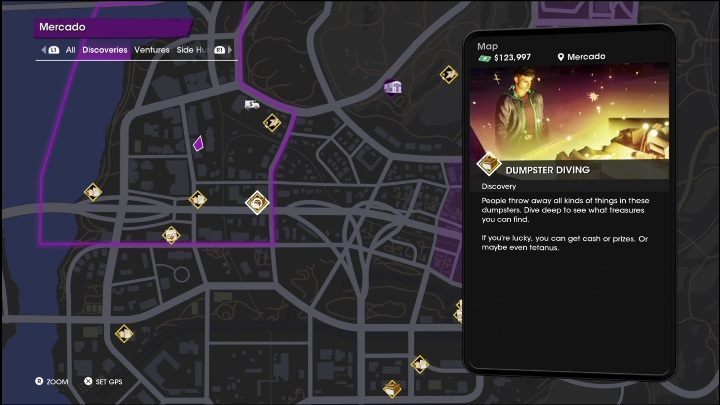 Dumpster Diving activity is located in the eastern part of the Mercado district - Saints Row 2022: Discoveries (Mercado) - list and description of activity - Mercado - Saints Row Guide, Walkthrough