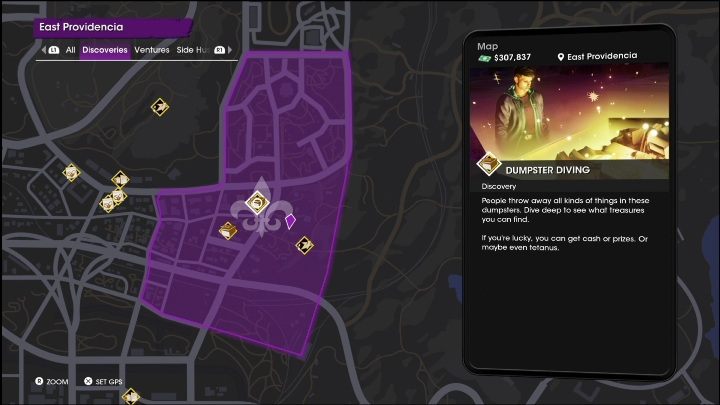 Dumpster Diving activity is located in the central part of the East Providencia district - Saints Row 2022: Discoveries (East Providencia) - list and description of activity - East Providencia - Saints Row Guide, Walkthrough