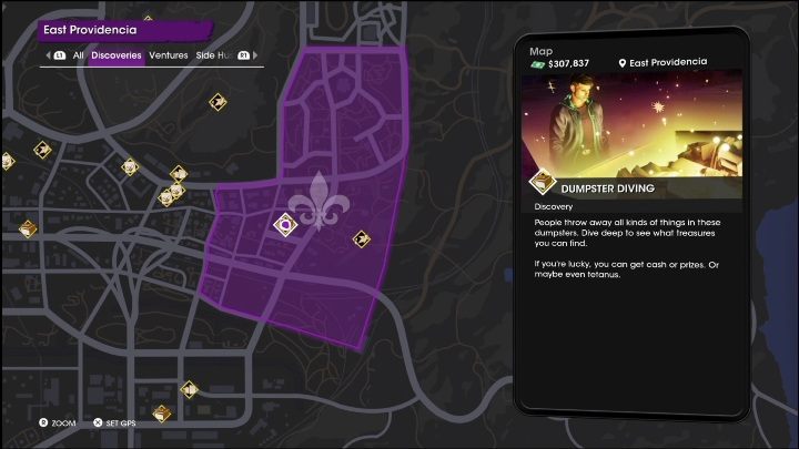 Dumpster Diving activity is located in the west central part of the East Providencia district - Saints Row 2022: Discoveries (East Providencia) - list and description of activity - East Providencia - Saints Row Guide, Walkthrough
