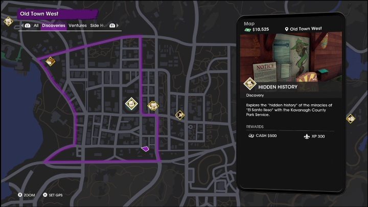 Hidden History activity is located in the eastern part of the West Old Town district, near the border with the next territory - Saints Row 2022: Discoveries (West Old Town) - list and activity descriptions - West Old Town - Saints Row Guide, Walkthrough