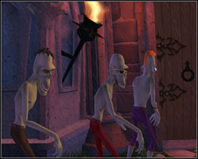 See gargoyle and try to talk to zombies in queue - Episode 203: Night of the Raving Dead - part 2 - Episode 203: Night of the Raving Dead - Sam & Max: Season 2 - Game Guide and Walkthrough