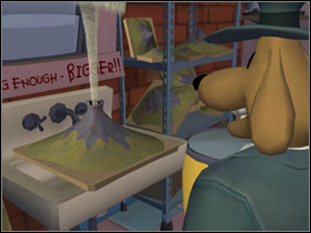 Take some baking soda from the barrel and put it in volcano model - Episode 204: Chariots of The Dogs - part 1 - Episode 204: Chariots of The Dogs - Sam & Max: Season 2 - Game Guide and Walkthrough