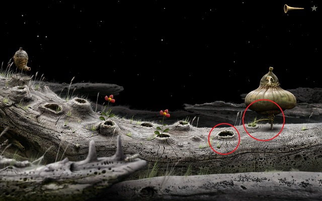 After you land in the next location, you will see the view as can be seen above - Collect seeds - Great log - Samorost 3 - Game Guide and Walkthrough