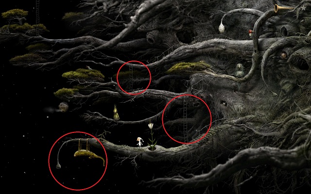 Begin with using the ladders circled in the above screenshot, allowing you to get to the very bottom of the screen - Collect seeds - Great log - Samorost 3 - Game Guide and Walkthrough