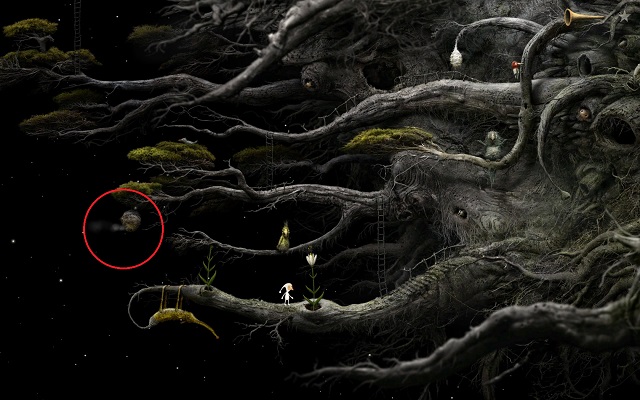 At the moment the flower appears on the stem, left-click on the bee nest circled in the screenshot - Collect seeds - Great log - Samorost 3 - Game Guide and Walkthrough