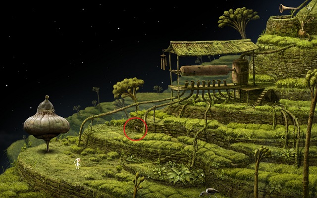 Keep an eye on the spot circled in the screenshot, for a while - Enter the tower - Monk Planet - Samorost 3 - Game Guide and Walkthrough