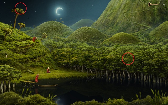 Before you go on the boat, note the circled areas - Enter the tower - Monk Planet - Samorost 3 - Game Guide and Walkthrough