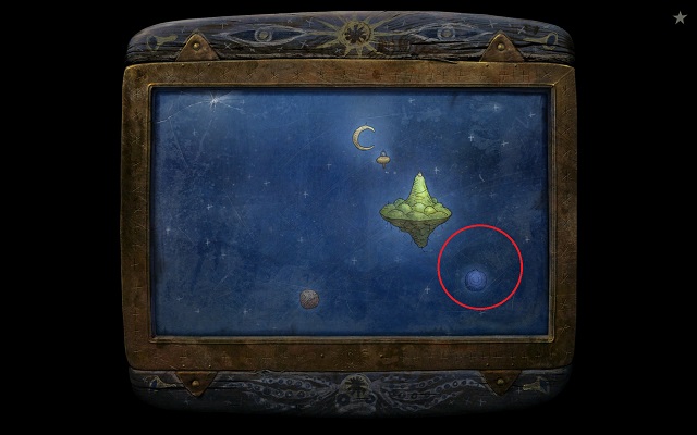 After you collect the stone, fly to the blue moon circled in the screenshot - Return home - Epilogue - Samorost 3 - Game Guide and Walkthrough