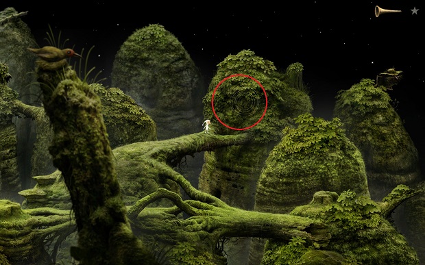 To start tasks in this section, approach the interactive area marked in the screenshot and use the trumpet - Singing spirits - Home Planet - Samorost 3 - Game Guide and Walkthrough