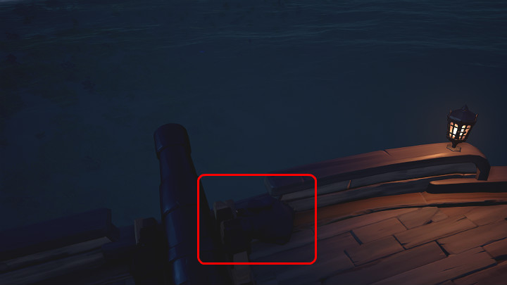 The brightness in the above picture was greatly increased so that it is possible to see the character in black clothes (marked with a red frame) crouching behind the cannon by using the Hide emoticon - Sea of Thieves: Tucking - plundering tips - For Landlubbers - Sea Of Thieves Guide