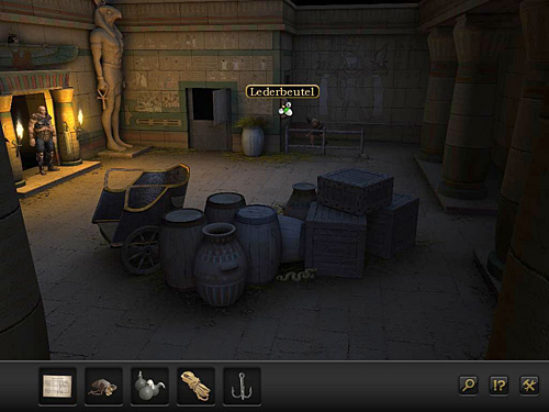 Take the leather bag for fodder, hanging by the stable window - Distract the Guard - Prologue - Alexandria, Egypt - Secret Files 3: The Archimedes Code - Game Guide and Walkthrough