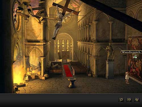 So check the tapestry hanging on the right - you have to remove it somehow to see what's on the other side - Get rid of the tapestry - Chapter 1 - Berlin, Germany - Secret Files 3: The Archimedes Code - Game Guide and Walkthrough