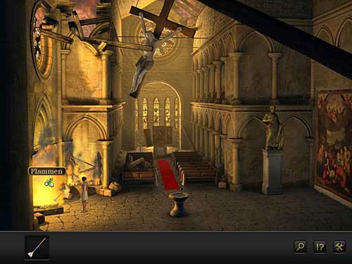 After that put it into flames to the left and use the burning mop on the tapestry to the right - Get rid of the tapestry - Chapter 1 - Berlin, Germany - Secret Files 3: The Archimedes Code - Game Guide and Walkthrough