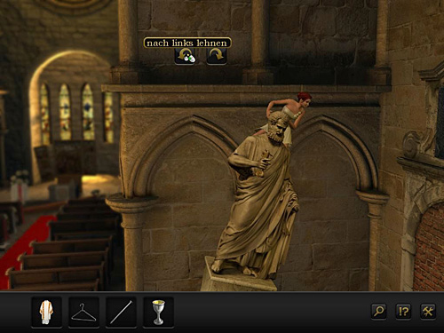 The task is to click on arrows which indicate deflection of the statue, so it leans back and forth until Nina will be able to jump to the hole on the wall to the right - Climb the statue - Chapter 1 - Berlin, Germany - Secret Files 3: The Archimedes Code - Game Guide and Walkthrough